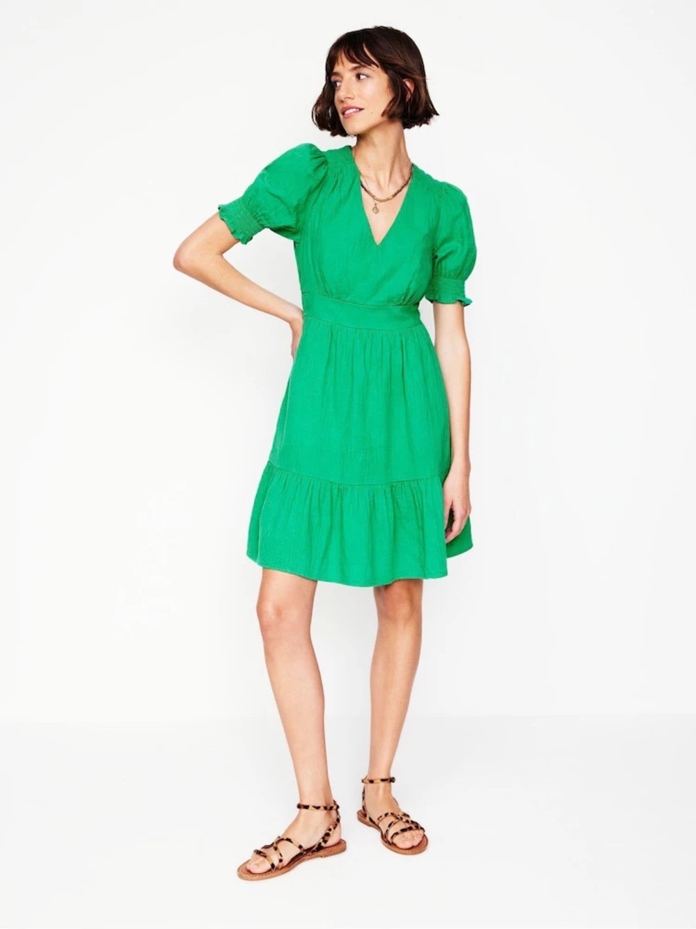 Boden Anna Double Cloth Linen Short Dress Green Sz 10P
